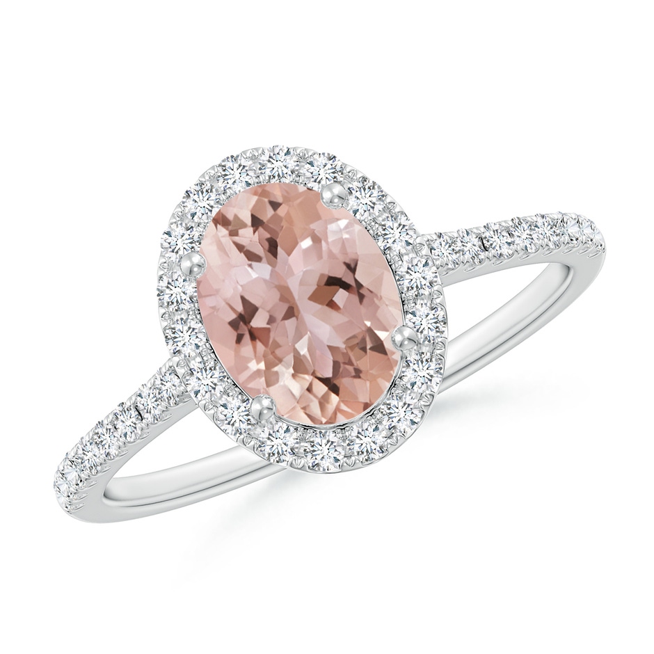 8x6mm AAA Double Claw-Set Oval Morganite Halo Ring with Diamonds in White Gold 