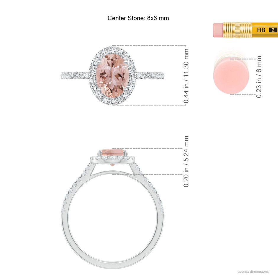 8x6mm AAA Double Claw-Set Oval Morganite Halo Ring with Diamonds in White Gold ruler