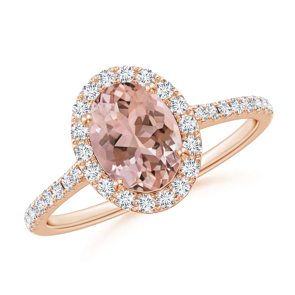 8x6mm AAAA Double Claw-Set Oval Morganite Halo Ring with Diamonds in Rose Gold 