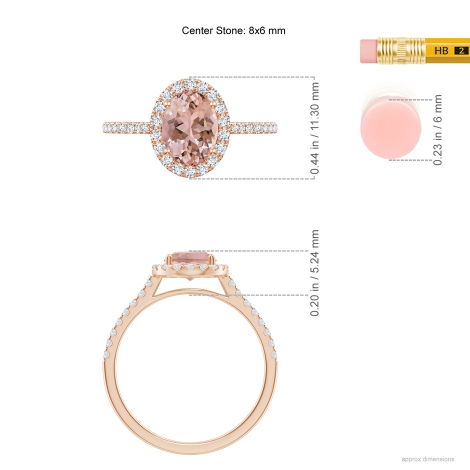 8x6mm AAAA Double Claw-Set Oval Morganite Halo Ring with Diamonds in Rose Gold ruler