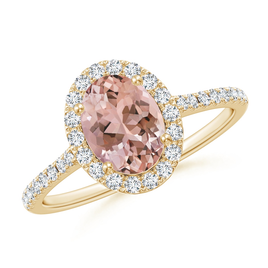 8x6mm AAAA Double Claw-Set Oval Morganite Halo Ring with Diamonds in Yellow Gold 