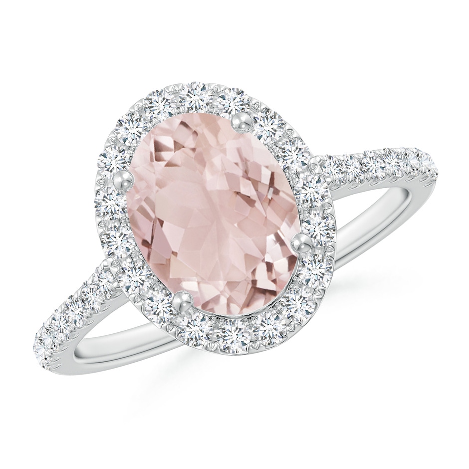 9x7mm A Double Claw-Set Oval Morganite Halo Ring with Diamonds in White Gold 
