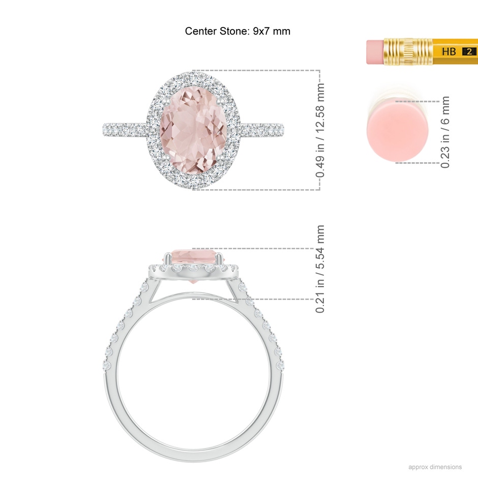 9x7mm A Double Claw-Set Oval Morganite Halo Ring with Diamonds in White Gold ruler