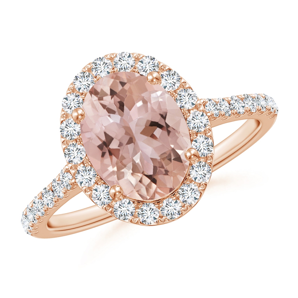 9x7mm AAA Double Claw-Set Oval Morganite Halo Ring with Diamonds in Rose Gold