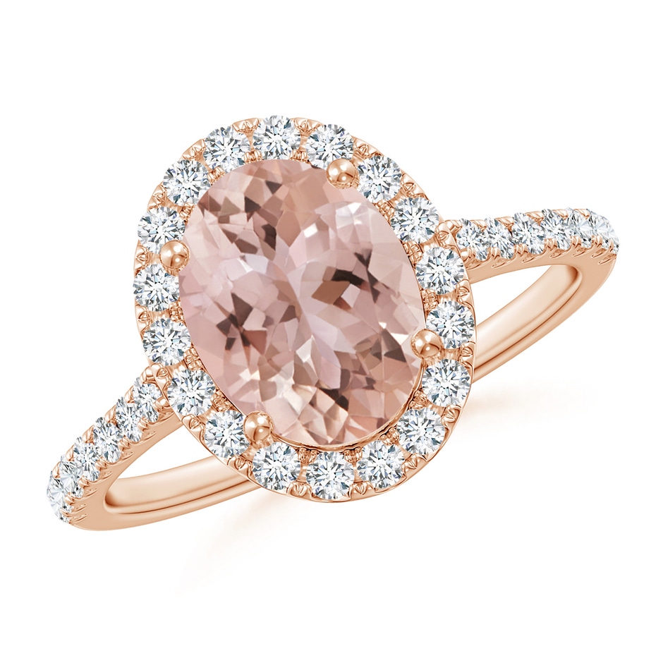 9x7mm AAA Double Claw-Set Oval Morganite Halo Ring with Diamonds in Rose Gold 