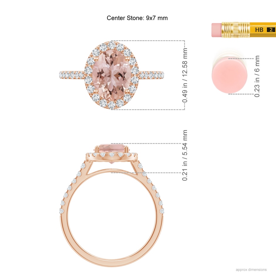 9x7mm AAA Double Claw-Set Oval Morganite Halo Ring with Diamonds in Rose Gold ruler