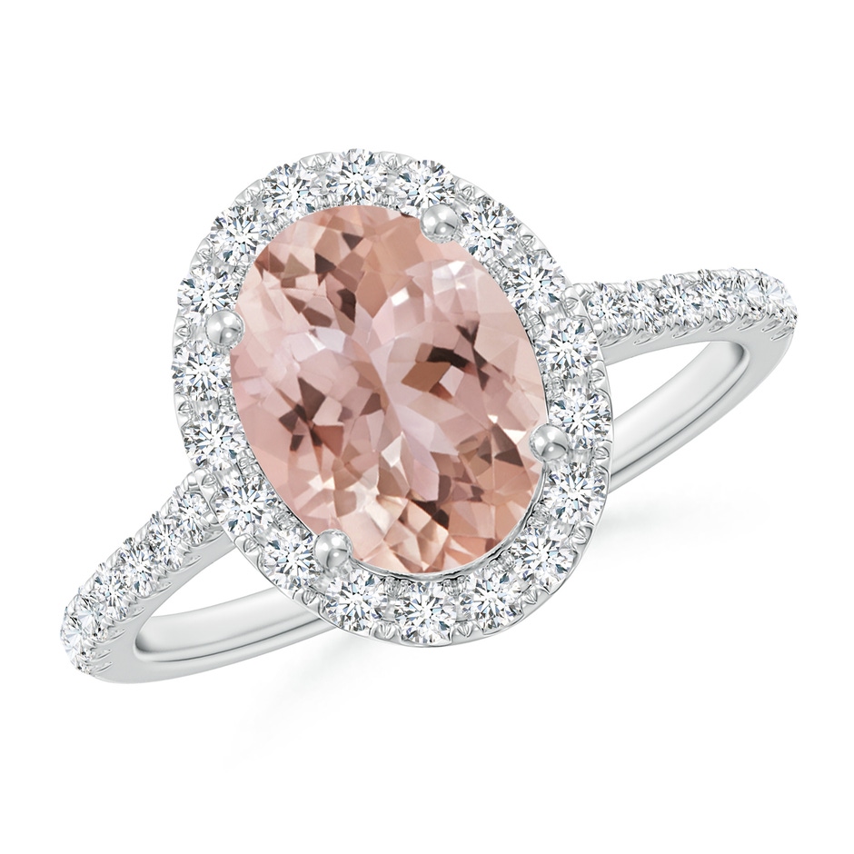 9x7mm AAA Double Claw-Set Oval Morganite Halo Ring with Diamonds in White Gold 