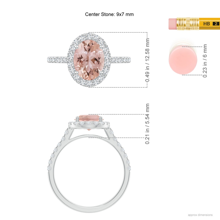 9x7mm AAA Double Claw-Set Oval Morganite Halo Ring with Diamonds in White Gold ruler