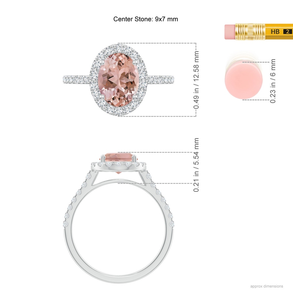 9x7mm AAAA Double Claw-Set Oval Morganite Halo Ring with Diamonds in White Gold ruler