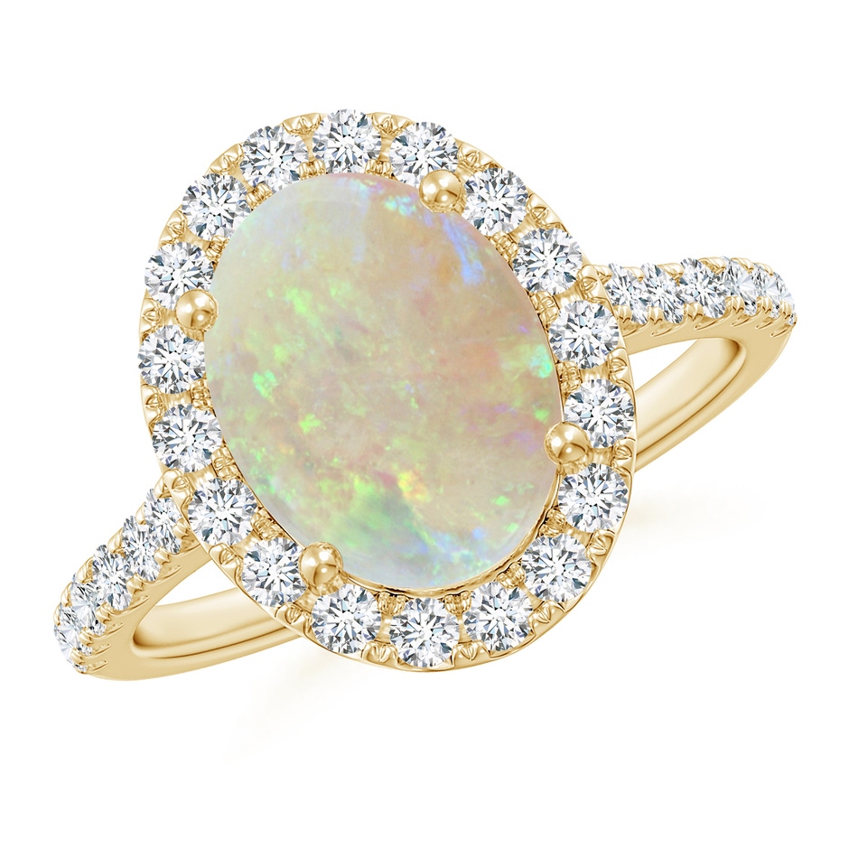 10x8mm AAA Prong-Set Oval Opal Halo Ring with Diamonds in 18K Yellow Gold 