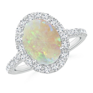 10x8mm AAA Prong-Set Oval Opal Halo Ring with Diamonds in 9K White Gold