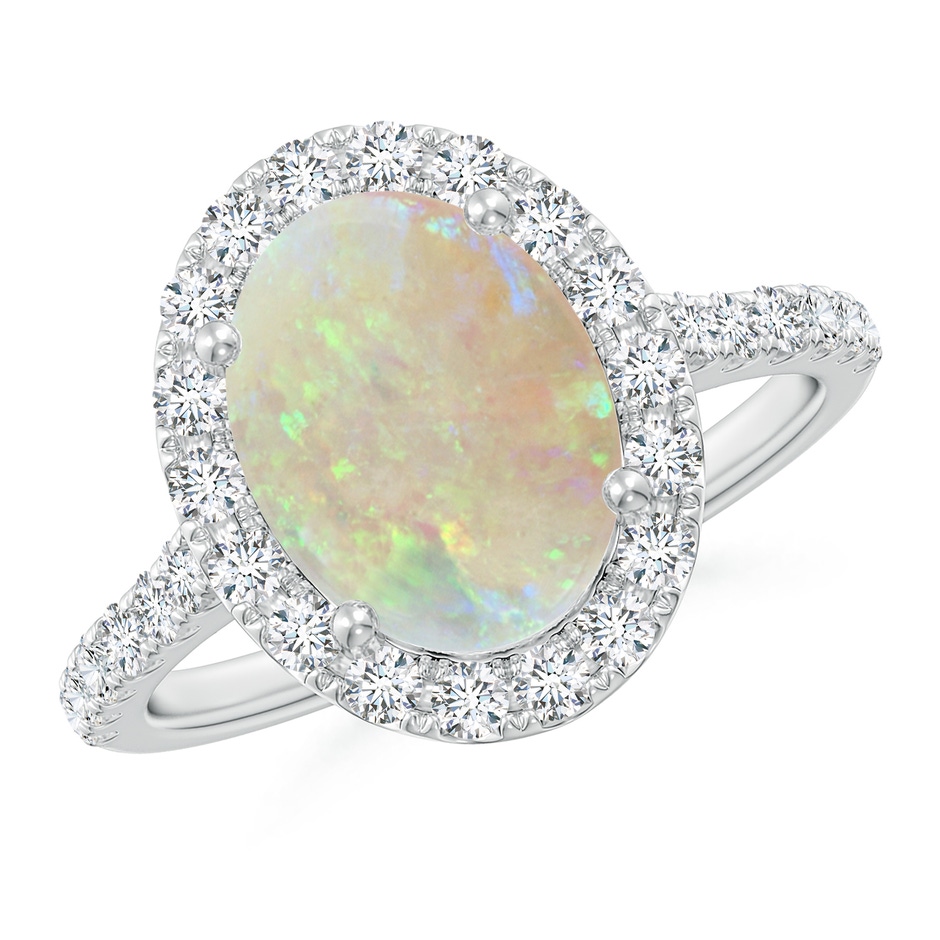 10x8mm AAA Prong-Set Oval Opal Halo Ring with Diamonds in White Gold 