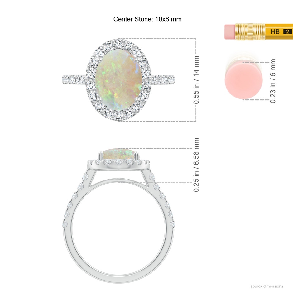 10x8mm AAA Prong-Set Oval Opal Halo Ring with Diamonds in White Gold ruler