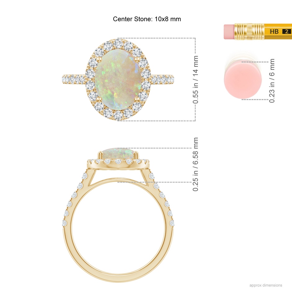 10x8mm AAA Prong-Set Oval Opal Halo Ring with Diamonds in Yellow Gold ruler