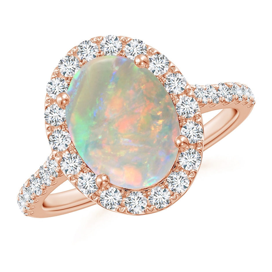 10x8mm AAAA Prong-Set Oval Opal Halo Ring with Diamonds in 18K Rose Gold 