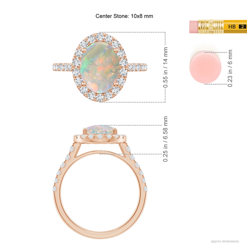 10x8mm AAAA Prong-Set Oval Opal Halo Ring with Diamonds in 18K Rose Gold ruler