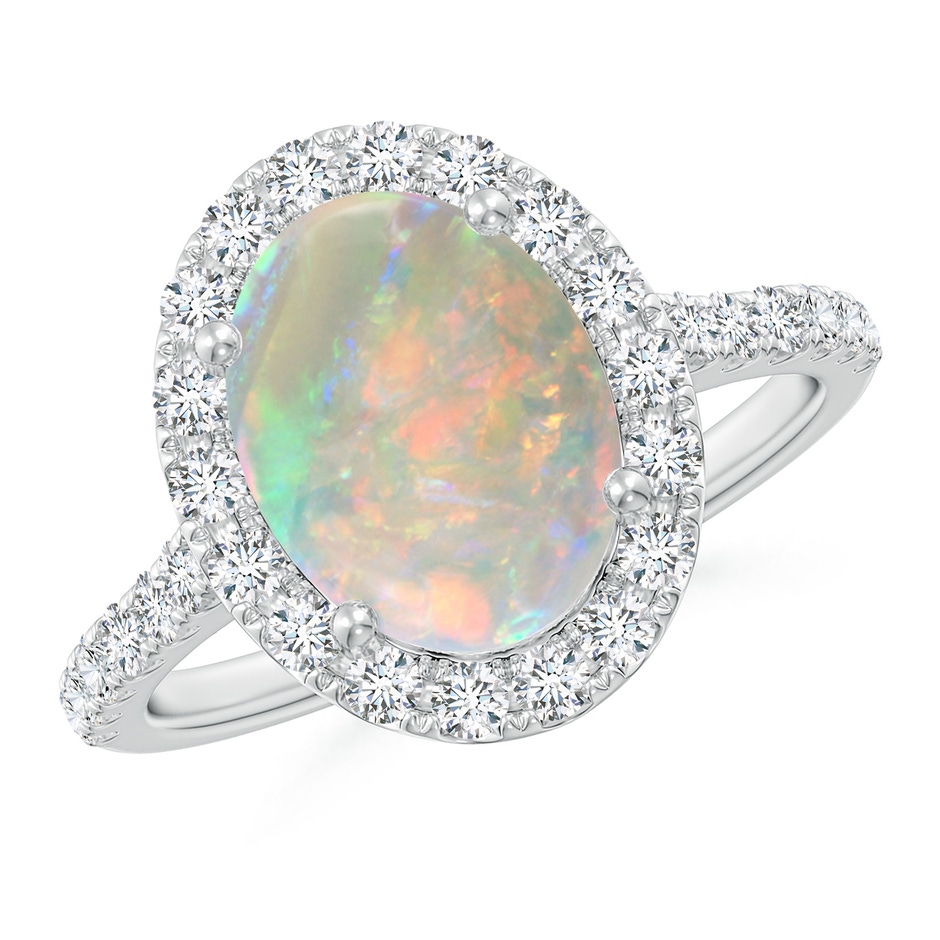 10x8mm AAAA Prong-Set Oval Opal Halo Ring with Diamonds in 18K White Gold 