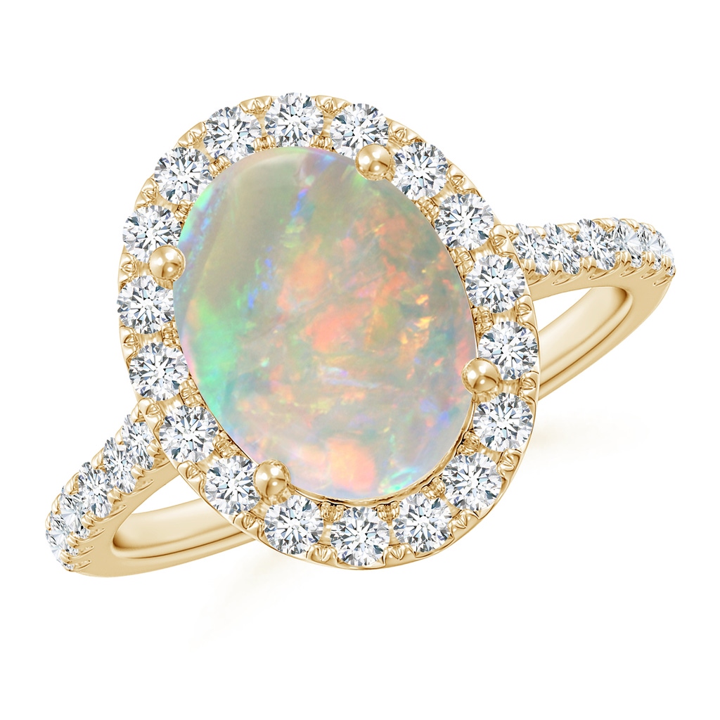 10x8mm AAAA Prong-Set Oval Opal Halo Ring with Diamonds in Yellow Gold