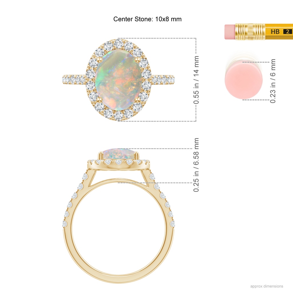 10x8mm AAAA Prong-Set Oval Opal Halo Ring with Diamonds in Yellow Gold ruler
