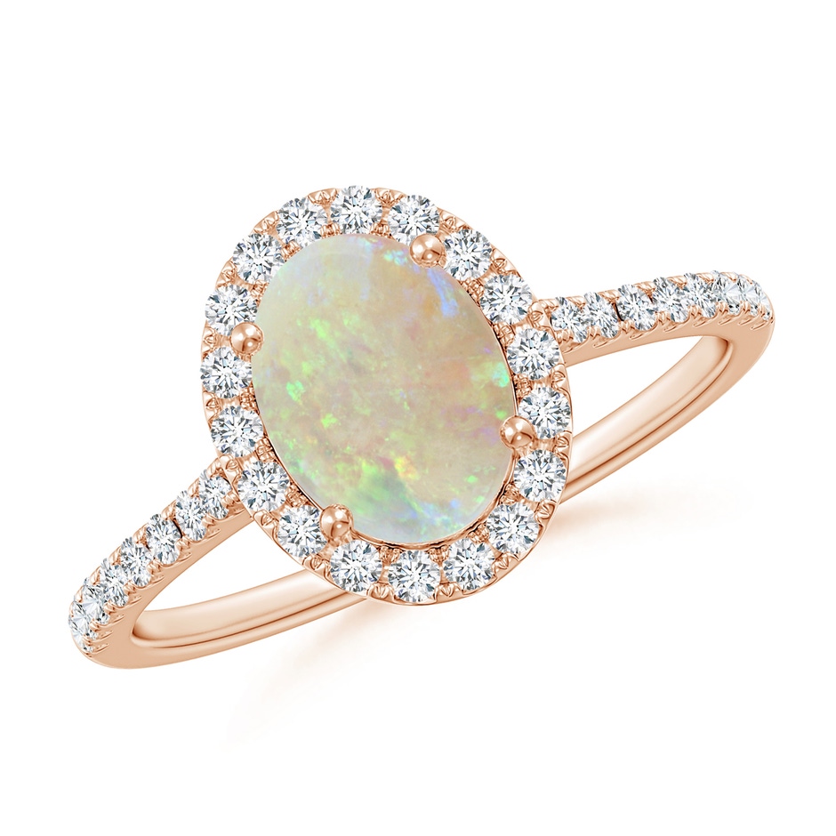 8x6mm AAA Prong-Set Oval Opal Halo Ring with Diamonds in Rose Gold 