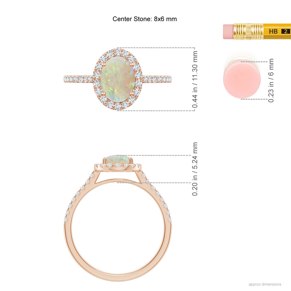 8x6mm AAA Prong-Set Oval Opal Halo Ring with Diamonds in Rose Gold ruler