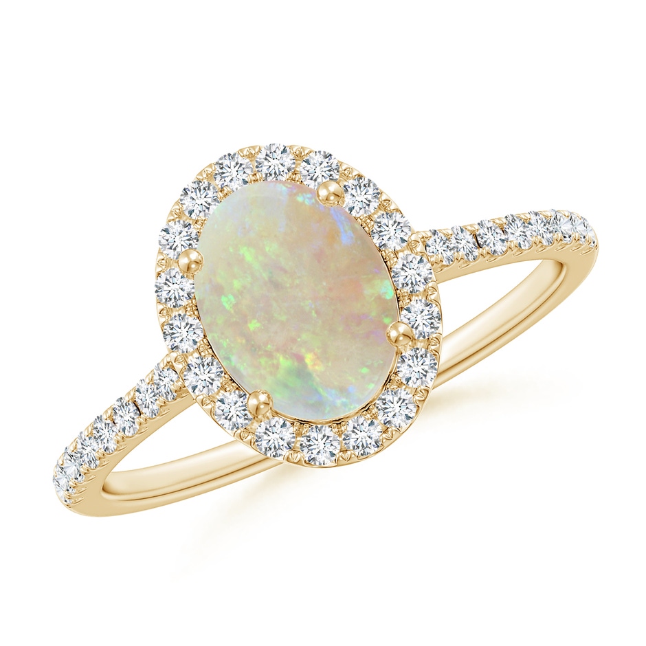 8x6mm AAA Prong-Set Oval Opal Halo Ring with Diamonds in Yellow Gold 