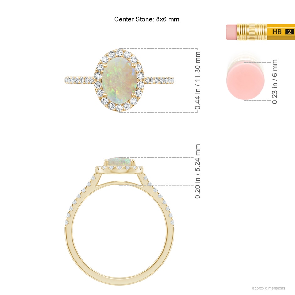 8x6mm AAA Prong-Set Oval Opal Halo Ring with Diamonds in Yellow Gold ruler
