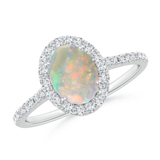 8x6mm AAAA Prong-Set Oval Opal Halo Ring with Diamonds in 9K White Gold