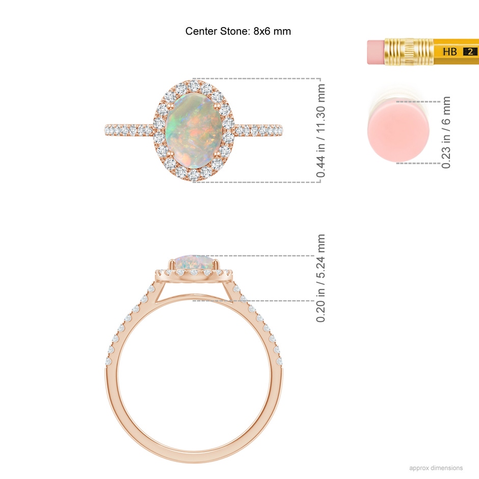 8x6mm AAAA Prong-Set Oval Opal Halo Ring with Diamonds in Rose Gold ruler