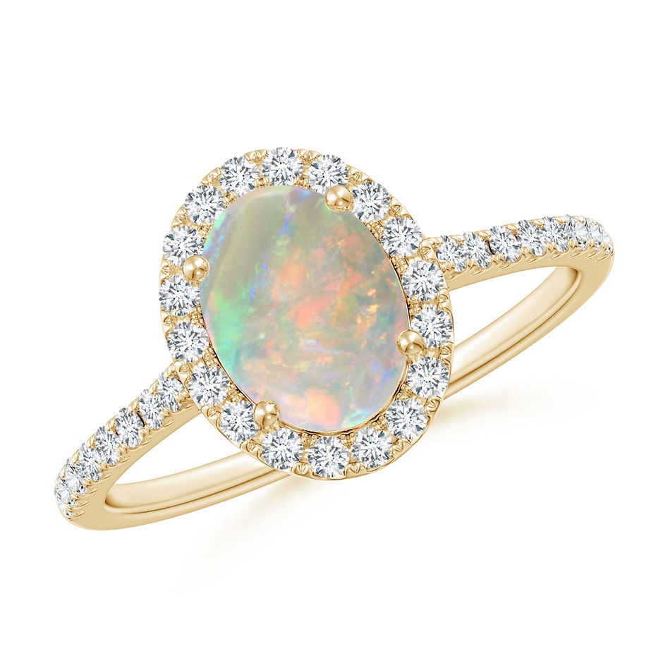 8x6mm AAAA Prong-Set Oval Opal Halo Ring with Diamonds in Yellow Gold 