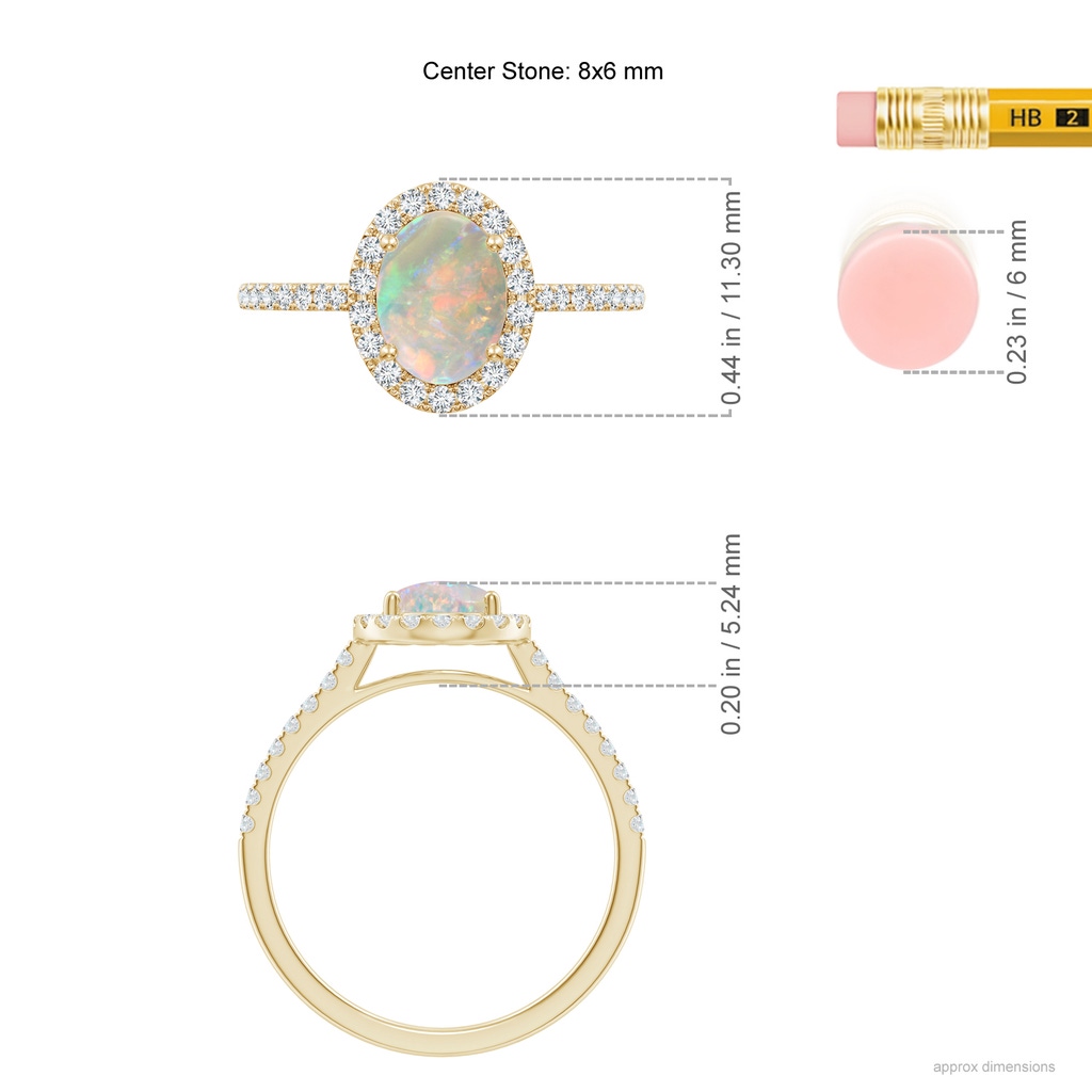 8x6mm AAAA Prong-Set Oval Opal Halo Ring with Diamonds in Yellow Gold ruler