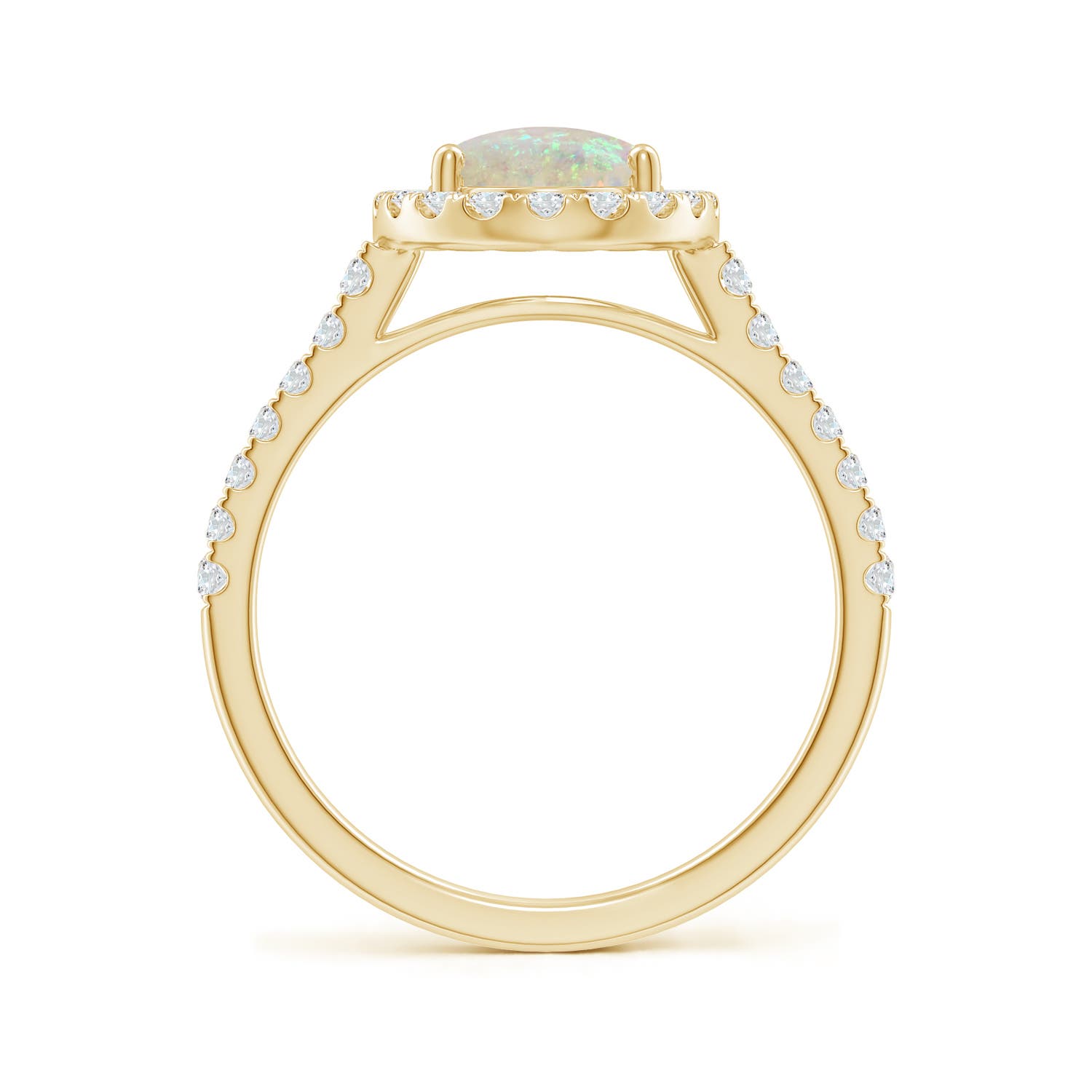 9x7mm AAA Prong-Set Oval Opal Halo Ring with Diamonds in 18K Yellow Gold - side 2