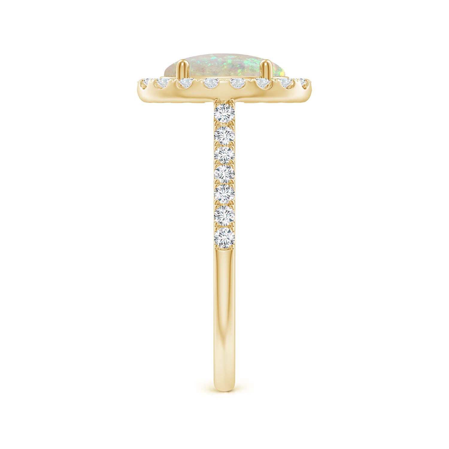 9x7mm AAA Prong-Set Oval Opal Halo Ring with Diamonds in 18K Yellow Gold - side 3