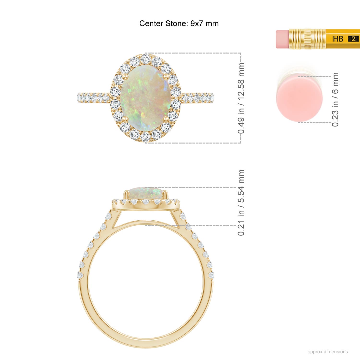 9x7mm AAA Prong-Set Oval Opal Halo Ring with Diamonds in 18K Yellow Gold - ruler