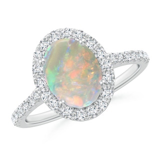 9x7mm AAAA Prong-Set Oval Opal Halo Ring with Diamonds in P950 Platinum