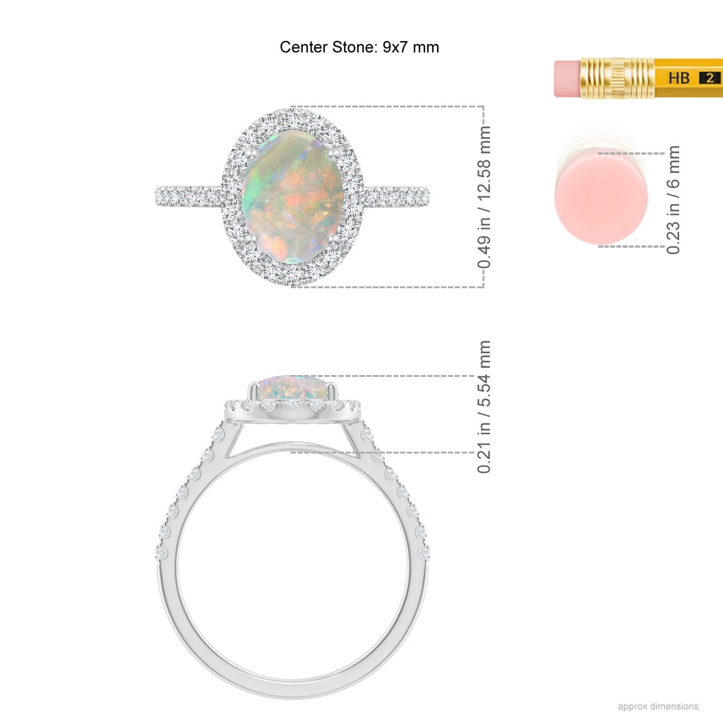 9x7mm AAAA Prong-Set Oval Opal Halo Ring with Diamonds in P950 Platinum ruler