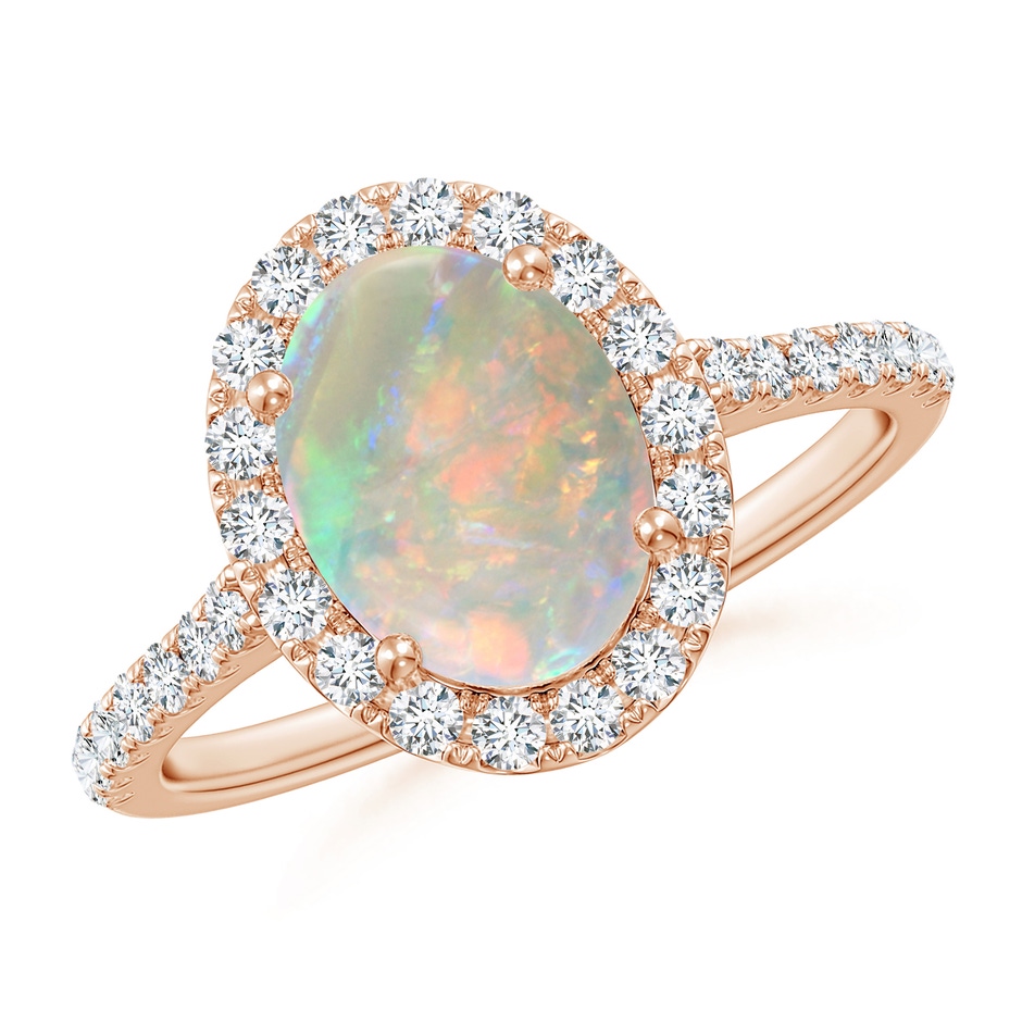 9x7mm AAAA Prong-Set Oval Opal Halo Ring with Diamonds in Rose Gold 