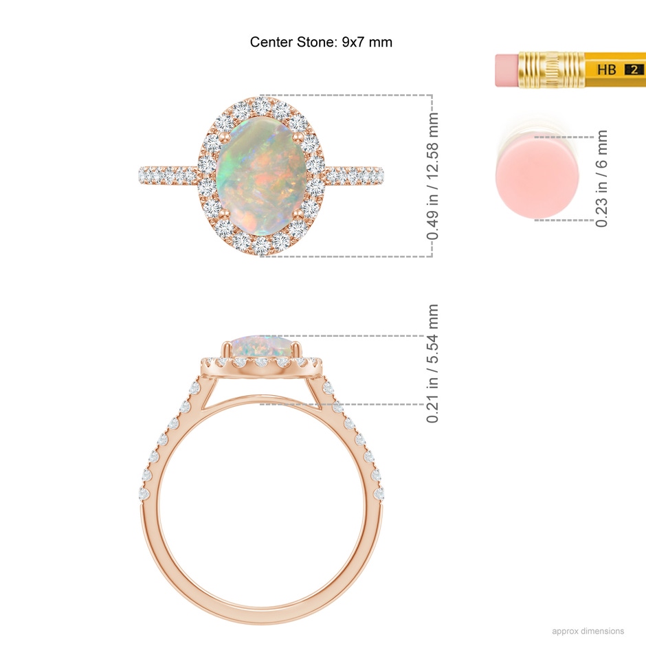9x7mm AAAA Prong-Set Oval Opal Halo Ring with Diamonds in Rose Gold ruler