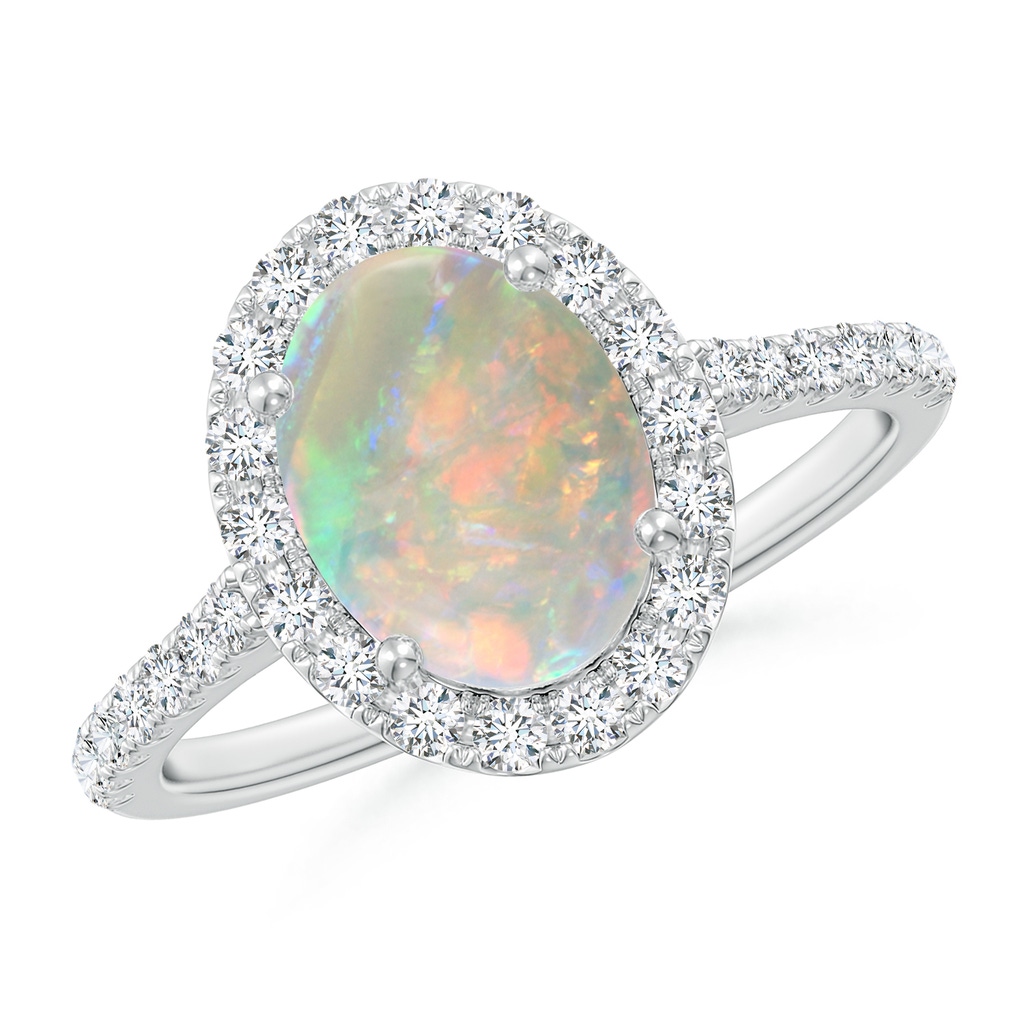 9x7mm AAAA Prong-Set Oval Opal Halo Ring with Diamonds in White Gold
