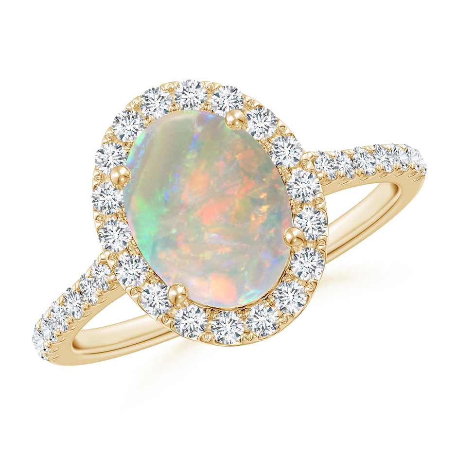 9x7mm AAAA Prong-Set Oval Opal Halo Ring with Diamonds in Yellow Gold 