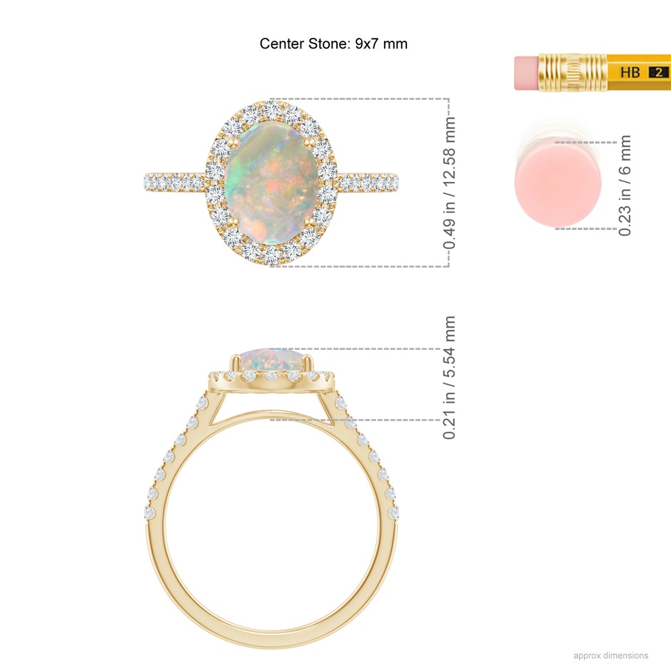 9x7mm AAAA Prong-Set Oval Opal Halo Ring with Diamonds in Yellow Gold ruler