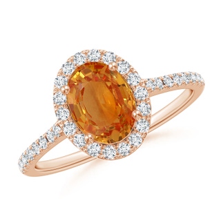 8x6mm AA Double Claw-Set Oval Orange Sapphire Halo Ring with Diamonds in Rose Gold