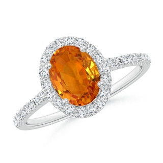 8x6mm AAA Double Claw-Set Oval Orange Sapphire Halo Ring with Diamonds in White Gold