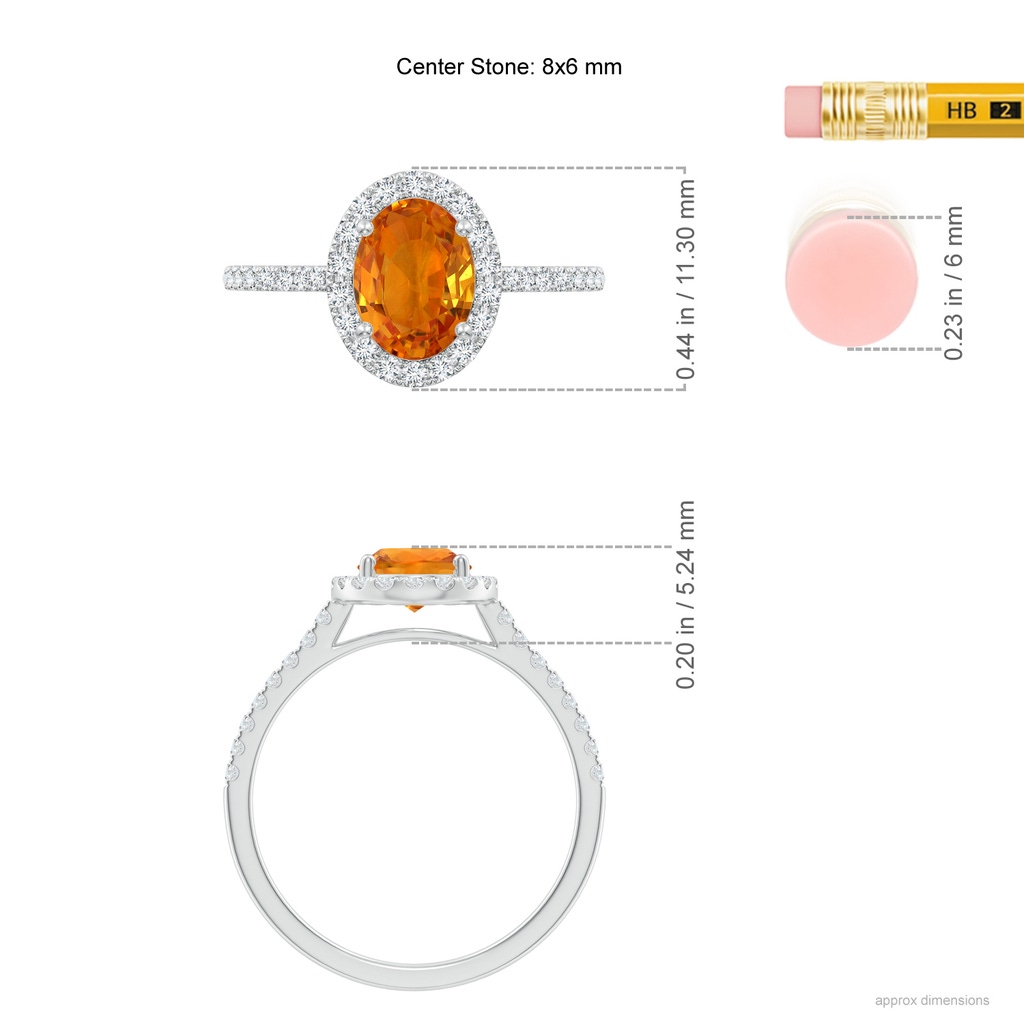 8x6mm AAA Double Claw-Set Oval Orange Sapphire Halo Ring with Diamonds in White Gold Ruler