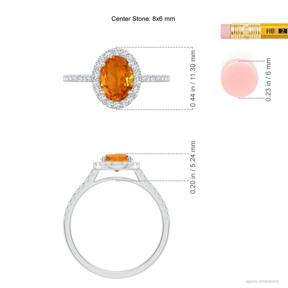 8x6mm AAA Double Claw-Set Oval Orange Sapphire Halo Ring with Diamonds in White Gold ruler