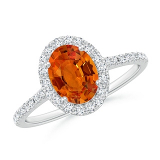 8x6mm AAAA Double Claw-Set Oval Orange Sapphire Halo Ring with Diamonds in P950 Platinum
