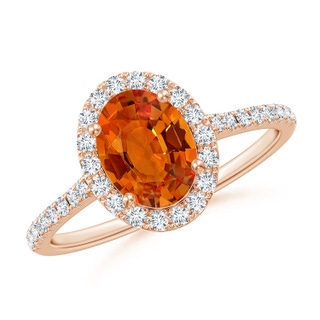 8x6mm AAAA Double Claw-Set Oval Orange Sapphire Halo Ring with Diamonds in Rose Gold
