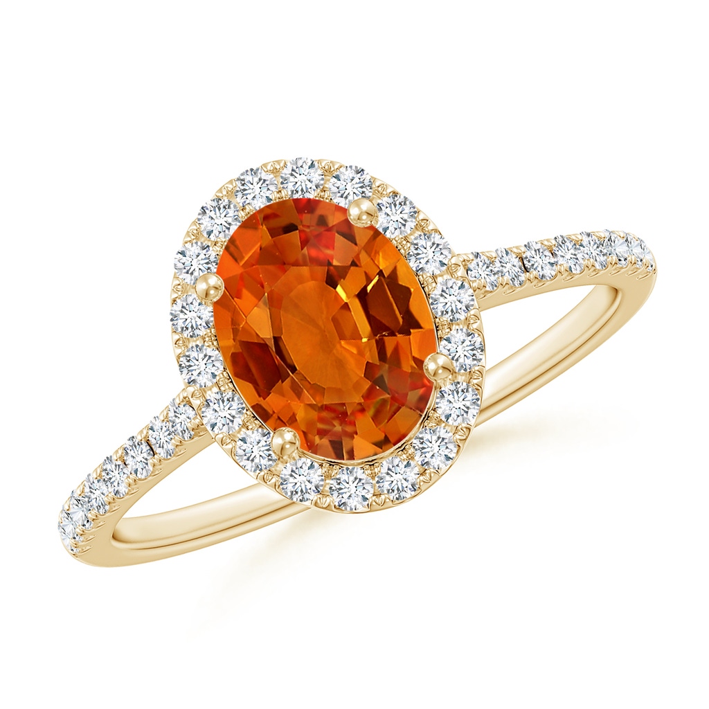 8x6mm AAAA Double Claw-Set Oval Orange Sapphire Halo Ring with Diamonds in Yellow Gold