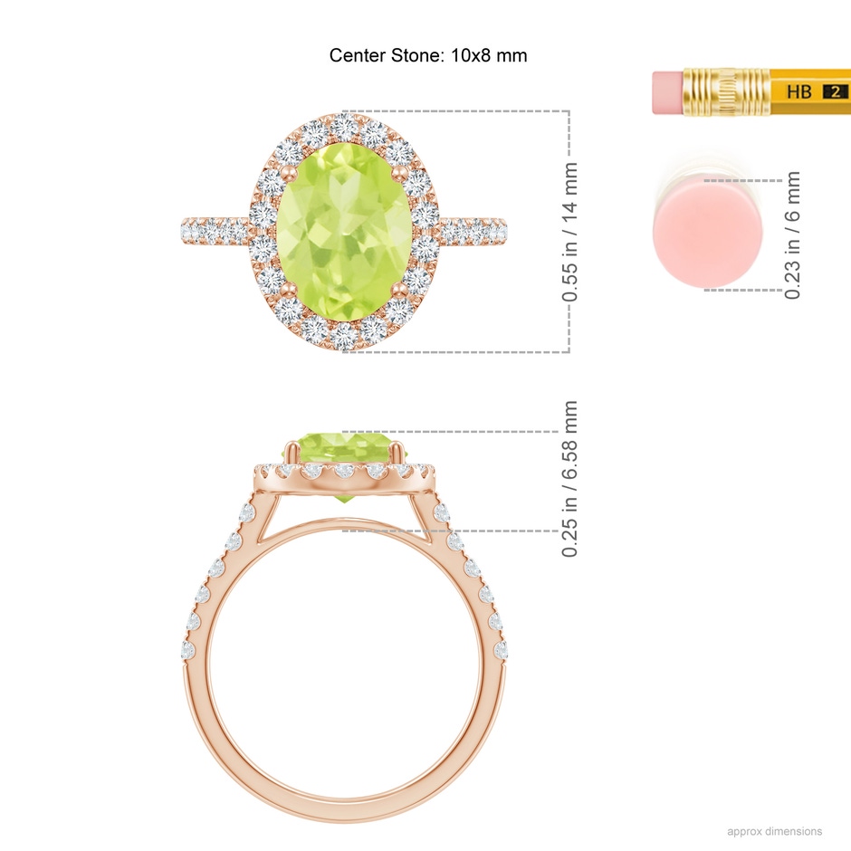 10x8mm A Double Claw-Set Oval Peridot Halo Ring with Diamonds in 18K Rose Gold ruler