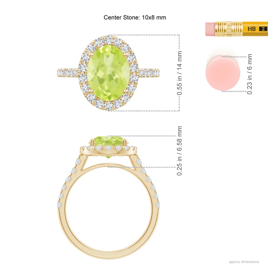 10x8mm A Double Claw-Set Oval Peridot Halo Ring with Diamonds in Yellow Gold ruler